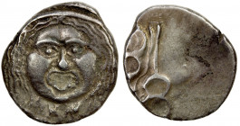 ETRURIA: Populonia, AR didrachm (20 asses) (8.07g), 3rd century BC, HN Italy 150, Vecchi II 31, facing head of Metus (or gorgoneion), tongue protrudin...