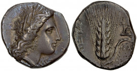 LUCANIA: Metapontion, AR nomos (7.69g), ca. 330-290 BC, HN Italy 1581, wreathed head of Demeter right // grain ear with leaf to right, plow above leaf...