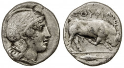 LUCANIA: Thourioi, AR stater (7.51g), ca. 443-400 BC, SNG ANS 891, HN Italy 1761, bust of Athena right, wearing wreathed Attic helmet // bull butting ...