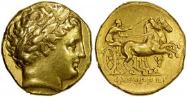 MACEDONIAN KINGDOM: Philip II, 359-336 BC, AV stater (8.55g), Magnesia on the Meander, SNG ANS 172-176, laureate head of Apollo right // charioteer dr...