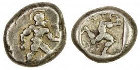 PAMPHYLIA: Aspendos, AR stater (10.92g), ca. 450 BC, SNG BN—, helmeted warrior advancing right, holding shield and sword, triskeles between legs // tr...