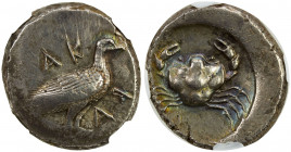 SICILY: Akragas, AR didrachm (8.65g), ca. 500-470 BC, SNG ANS 954, sea eagle standing right, AK-PA // crab within incuse circle, lightly toned with go...