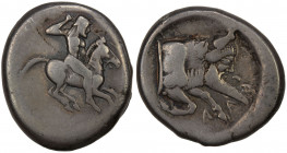 SICILY: Gela, AR didrachm (8.38g), ca 490/85-480/75 BC, SNG ANS 4, SNG Lloyd 956, horseman riding right, preparing to cast javelin // forepart of man-...