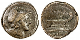 ROMAN REPUBLIC: Anonymous, AE triens (13.57g), Rome, after 211 BC, Crawford-56/4, Sydenham-143b, helmeted head of Minerva right, 4 pellets above // pr...