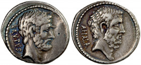 ROMAN REPUBLIC: M. Junius Brutus, AR denarius (4.00g), Rome, 54 BC, Crawford-433/2, head of L. Iunius Brutus right // head of Servilius Ahala right, t...