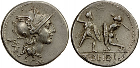 ROMAN REPUBLIC: T. Didius, AR denarius (3.90g), Rome, Crawford-294/1, FFC-675, winged head of Roma right, ROMA monogram to left, denomination X below ...
