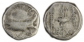 ROMAN IMPERATORIAL PERIOD: Mark Anthony, AR denarius (3.51g), legionary issue, 32-31 BC, Crawford-544/25, Sydenham-1229, galley right, ANT AVG III VIR...