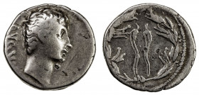 ROMAN EMPIRE: Augustus, 27 BC-14 AD, AR denarius (3.52g), north Peloponnesian mint, 21 BC, RIC-473, RSC-335, bare head right, AVGVSTVS behind // laure...