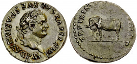ROMAN EMPIRE: Titus, 79-81 AD, AR denarius (3.44g), Rome, 80 AD, RIC-115, diademed head right // TR P IX IMP (XV COS) VIII PP, elephant walking left, ...