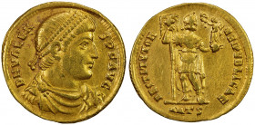 ROMAN EMPIRE: Valentinian I, 364-375 AD, AV solidus (4.36g), Antioch, S-19267, diademed & cuirassed bust // RESTITVTOR REI PVBLICAE, Valentinian stand...