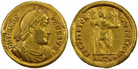 ROMAN EMPIRE: Valentinian I, 364-375 AD, AV solidus (4.43g), Antioch, S-19269, diademed & cuirassed bust // RESTITVTOR REI PVBLICAE, Valentinian stand...