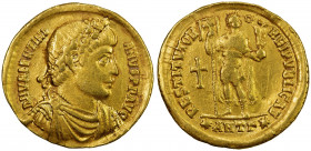 ROMAN EMPIRE: Valens, 364-378 AD, AV solidus (4.33g), Antioch, S-19559, diademed & cuirassed bust // RESTITVTOR REI PVBLICAE, Valens standing, holding...
