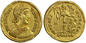 ROMAN EMPIRE: Arcadius, 383-408 AD, AV solidus (4.41g), Mediolanum (Milan), S-20724, pearl-diademed, draped and cuirassed bust right // the emperor st...