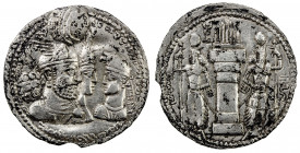 SASANIAN KINGDOM: Varhran II, 276-293, AR drachm (3.58g), G-64, busts of the king, queen, and prince, the prince not holding anything // fire altar & ...