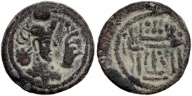 SASANIAN KINGDOM: Varhran IV, 388-399, AE pashiz (2.79g), style of Göbl-141 drachm; SNS—, standard bust, with large hand raised to right, holding tiny...