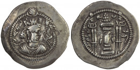 SASANIAN KINGDOM: Zamasp, 497-499, AR drachm (3.97g), KR (Kirman), year 3, G-181, standard type with father & son, son holding hold ribbon, rare mint,...