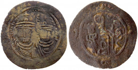 ARAB-SASANIAN: Anonymous, AE pashiz (1.10g), Gyanbud (=Qasr-i Abu Nasr), ND, A-43B, two Byzantine busts, with cross on crown, as Heraclius & his son H...