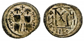 ARAB-BYZANTINE: AE follis (6.77g), Baysan (Skythopolis), ND, A-3509.1, SICA-594, in the style of Justin II & Sophia: imperial couple enthroned facing,...