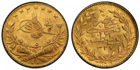 TURKEY: Mehmet V, 1909-1918, AV 25 kurush, Kostantiniye, AH1327 year 5, KM-752, a superb example! PCGS graded MS64.
Estimate: USD 200 - 300