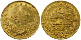 TURKEY: Mehmet V, 1909-1918, AV 100 kurush, Kostantiniye, AH1327 year 2, KM-754, Reshat reverse, VF-EF.
Estimate: USD 400 - 450