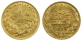 TURKEY: Mehmet V, 1909-1918, AV 100 kurush, Kostantiniye, AH1327 year 2, KM-754, Reshat reverse, VF.
Estimate: USD 400 - 425