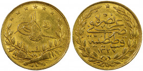 TURKEY: Mehmet V, 1909-1918, AV 100 kurush, Kostantiniye, AH1327 year 4, KM-754, Reshat reverse, VF-EF.
Estimate: USD 400 - 425