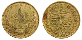 TURKEY: Mehmet V, 1909-1918, AV 100 kurush, Kostantiniye, AH1327 year 4, KM-754, Reshat reverse, Fine.
Estimate: USD 400 - 425