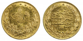 TURKEY: Mehmet V, 1909-1918, AV 100 kurush, Kostantiniye, AH1327 year 5, KM-754, Reshat reverse, lustrous AU.
Estimate: USD 400 - 450