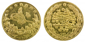 TURKEY: Mehmet V, 1909-1918, AV 100 kurush, Kostantiniye, AH1327 year 5, KM-754, Reshat reverse, polished, VF.
Estimate: USD 400 - 425