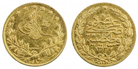 TURKEY: Mehmet V, 1909-1918, AV 100 kurush, Kostantiniye, AH1327 year 6, KM-754, Reshat reverse, EF.
Estimate: USD 400 - 425