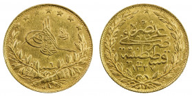 TURKEY: Mehmet V, 1909-1918, AV 100 kurush, Kostantiniye, AH1327 year 6, KM-754, Reshat reverse, EF.
Estimate: USD 400 - 425