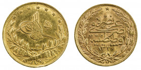 TURKEY: Mehmet V, 1909-1918, AV 100 kurush, Kostantiniye, AH1327 year 6, KM-754, Reshat reverse, EF-AU.
Estimate: USD 400 - 450