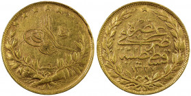 TURKEY: Mehmet V, 1909-1918, AV 100 kurush, Kostantiniye, AH1327 year 6, KM-754, Reshat reverse, VF.
Estimate: USD 400 - 425