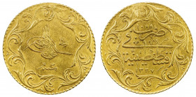 TURKEY: Mehmet V, 1909-1918, AV 100 kurush (6.90g), AH1327 year 3, KM-755, monnaie-de-luxe type, mount removed at 12h (as is almost always the case fo...