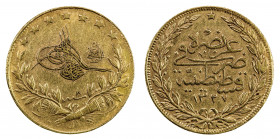 TURKEY: Mehmet V, 1909-1918, AV 100 kurush, Kostantiniye, AH1327 year 8, KM-776, El-Ghazi reverse, VF-EF.
Estimate: USD 400 - 425