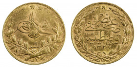 TURKEY: Mehmet V, 1909-1918, AV 100 kurush, Kostantiniye, AH1327 year 9, KM-776, El-Ghazi reverse, VF-EF.
Estimate: USD 400 - 425