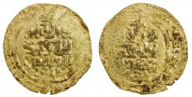 GREAT MONGOLS: Anonymous, ca. 1220s-1230s, AV dinar (4.55g), Bukhara, ND, A-B1967, totally anonymous, only the kalima on both sides, with the mint bel...