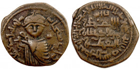 ILKHAN: Hulagu, 1256-1265, AE fals (5.43g), Sinjar, AH673, A-2125.7, facing half-portrait, derived from Byzantine style of the gold solidi of Heracliu...