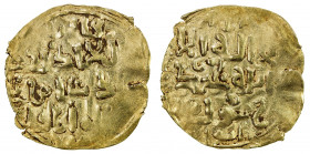 ILKHAN: Abaqa, 1265-1282, AV dinar (2.57g), Damghan, ND, A-2126.3, obverse legend qa'an / al-'adil / padshah / 'alim abaqa / damghan, kalima reverse, ...