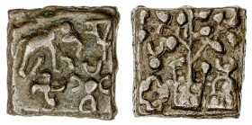KAUSAMBI: Anonymous, 2nd century BC, AE square unit (5.70g), Pieper-194 (this piece), elephant right, swastika below, four-crescent symbol and Indradh...
