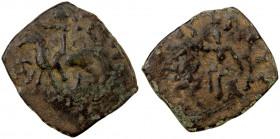 INDO-SCYTHIAN: Mujatria, ca. 10-20 AD, AE square unit (2.12g), Senior-146, HGC-12:730, king on horseback left, holding goad // Apollo seated on stool,...