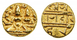 VIJAYANAGAR: Hari Hara II, 1377-1404, AV ½ pagoda (1.71g), Mitch-412, Siva & Parvati seated, 3-line legend reverse, AU.
Estimate: USD 120 - 160