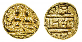 VIJAYANAGAR: Devaraya I & II, 1406-1446, AV pagoda (3.40g), Mitch-450, Siva & Parvati seated, holding antelope head & damaru, inscriptional reverse, E...