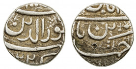 MUGHAL: Jahangir, 1605-1628, AR ½ rupee (5.70g), Ahmadabad, AH1022, KM-137.1, muzaiyan type, with Ilahi month Aban, lovely strike, with just one tiny ...