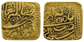 MUGHAL: Jahangir, 1605-1628, AV mohur (9.84g), "Agra", AH"1021" year "12", KM-—, jeweler's imitation of square rupee in gold, month of Tir, fanciful r...