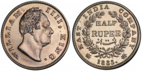 BRITISH INDIA: William IV, 1830-1837, AR ½ rupee, 1835(c), KM-449.2, S&W-1.59, East India Company issue, proof restrike, PCGS graded Proof 63.
Estima...