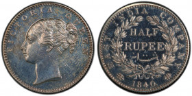 BRITISH INDIA: Victoria, Queen, 1837-1876, AR ½ rupee, 1840(c), KM-455.4, S&W-2.33, East India Company issue, proof restrike, PCGS graded Proof 63.
E...