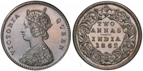 BRITISH INDIA: Victoria, Queen, 1837-1876, AR 2 annas, 1862(c), KM-469, proof restrike, PCGS graded Proof 64.
Estimate: USD 400 - 500