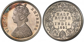 BRITISH INDIA: Victoria, Empress, 1876-1901, AR ½ rupee, 1891-C, KM-491, S&W-6.206, early proof restrike, PCGS graded Proof 63.
Estimate: USD 500 - 6...