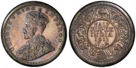 BRITISH INDIA: George V, 1910-1936, AR ½ rupee, 1911(c), KM-518, S&W-8.62, with the so-called "pig"-style elephant, proof restrike, PCGS graded Proof ...